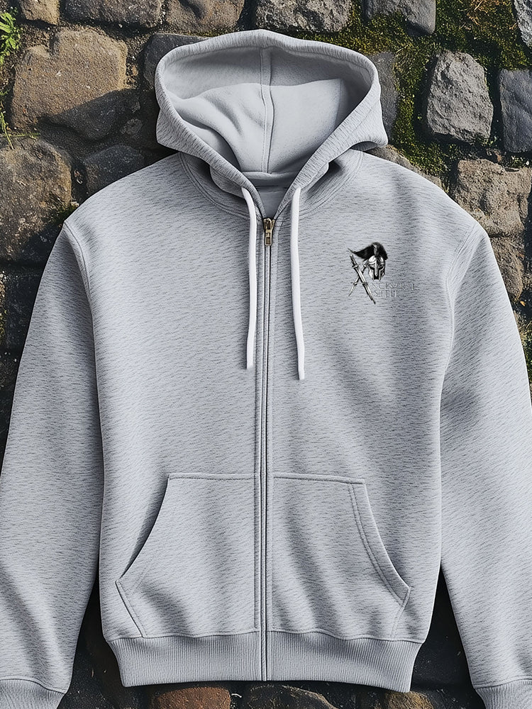 Warrior graphic zip hoodie for men, urban streetwear hoodie with warrior artwork on back, samurai gladiator spartan knight design hoodie, modern athletic fit hoodie, masculine fitness apparel, premium cotton blend zip hoodie, strength honor legacy clothing brand Ancestral Steel, stylish gym hoodie, motivational warrior fashion, casual street style hoodie for men.