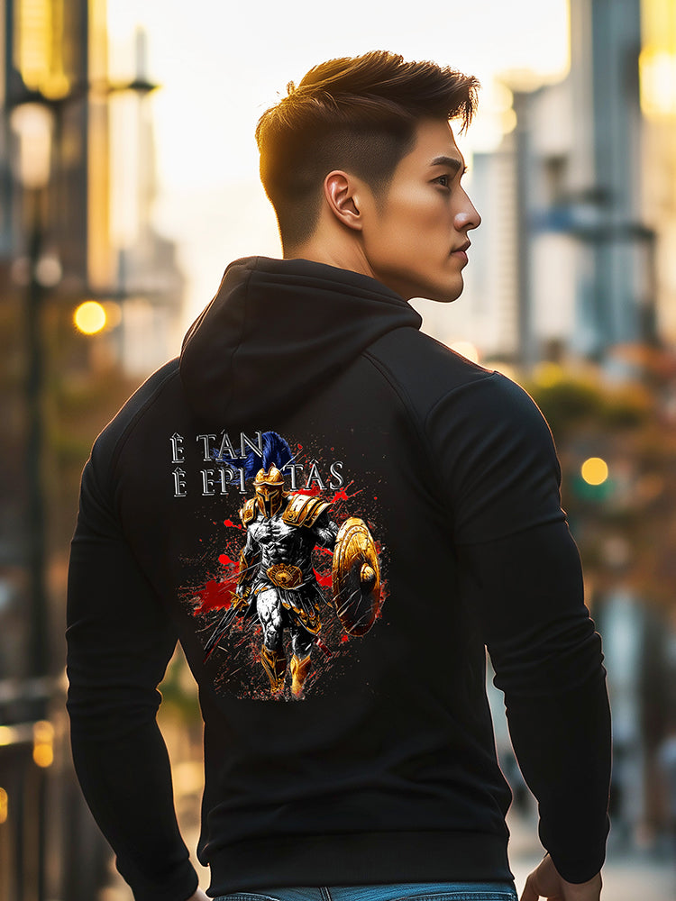 Warrior graphic zip hoodie for men, urban streetwear hoodie with warrior artwork on back, samurai gladiator spartan knight design hoodie, modern athletic fit hoodie, masculine fitness apparel, premium cotton blend zip hoodie, strength honor legacy clothing brand Ancestral Steel, stylish gym hoodie, motivational warrior fashion, casual street style hoodie for men.
