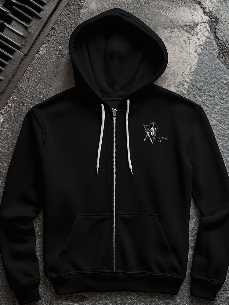 Warrior graphic zip hoodie for men, urban streetwear hoodie with warrior artwork on back, samurai gladiator spartan knight design hoodie, modern athletic fit hoodie, masculine fitness apparel, premium cotton blend zip hoodie, strength honor legacy clothing brand Ancestral Steel, stylish gym hoodie, motivational warrior fashion, casual street style hoodie for men.