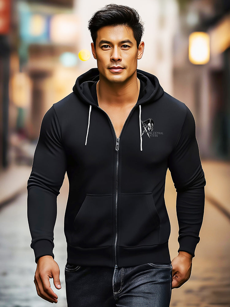 Warrior graphic zip hoodie for men, urban streetwear hoodie with warrior artwork on back, samurai gladiator spartan knight design hoodie, modern athletic fit hoodie, masculine fitness apparel, premium cotton blend zip hoodie, strength honor legacy clothing brand Ancestral Steel, stylish gym hoodie, motivational warrior fashion, casual street style hoodie for men.