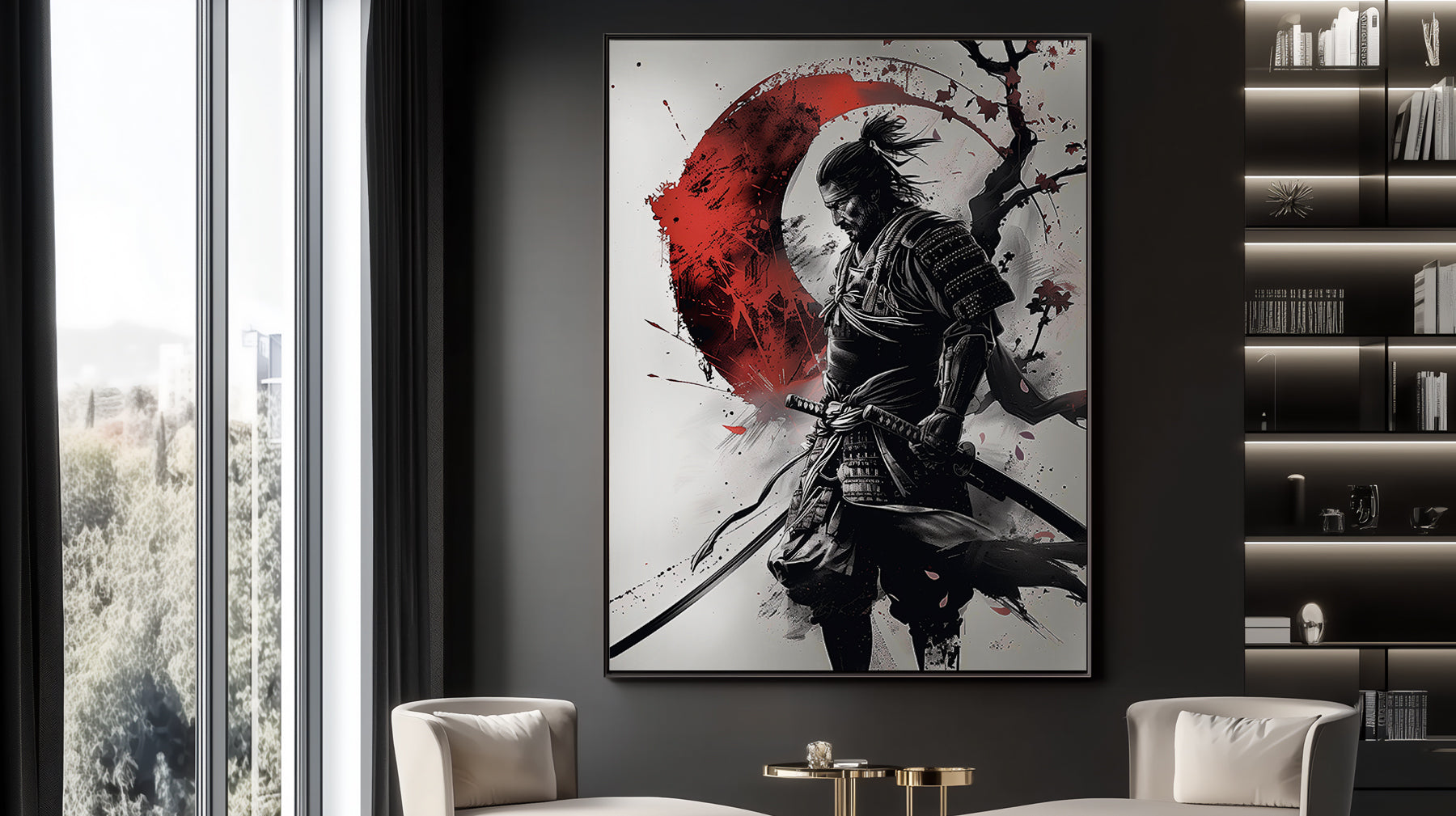 Warrior canvas wall art featuring samurai gladiator spartan knight inspired artwork, framed warrior canvas print for modern masculine decor, strength honor legacy warrior design, premium gallery wrapped canvas artwork, executive office wall decor, gym and studio wall art, bold black red warrior aesthetic, motivational warrior art by Ancestral Steel, luxury statement canvas for modern interiors.