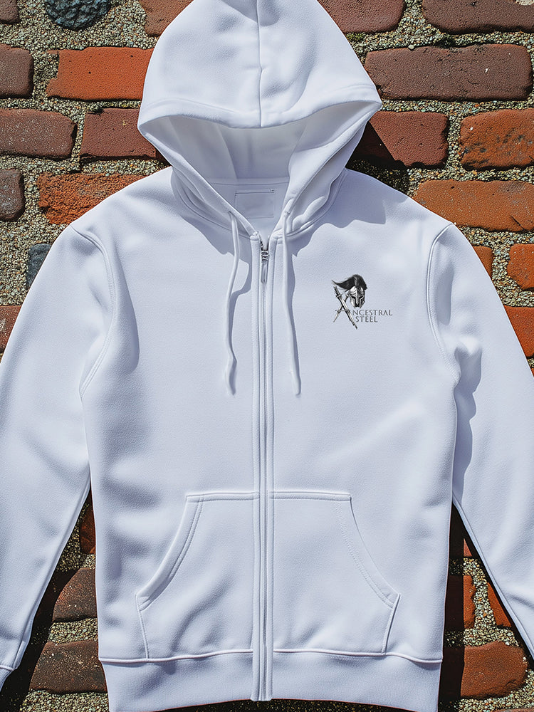 Warrior graphic zip hoodie for men, urban streetwear hoodie with warrior artwork on back, samurai gladiator spartan knight design hoodie, modern athletic fit hoodie, masculine fitness apparel, premium cotton blend zip hoodie, strength honor legacy clothing brand Ancestral Steel, stylish gym hoodie, motivational warrior fashion, casual street style hoodie for men.