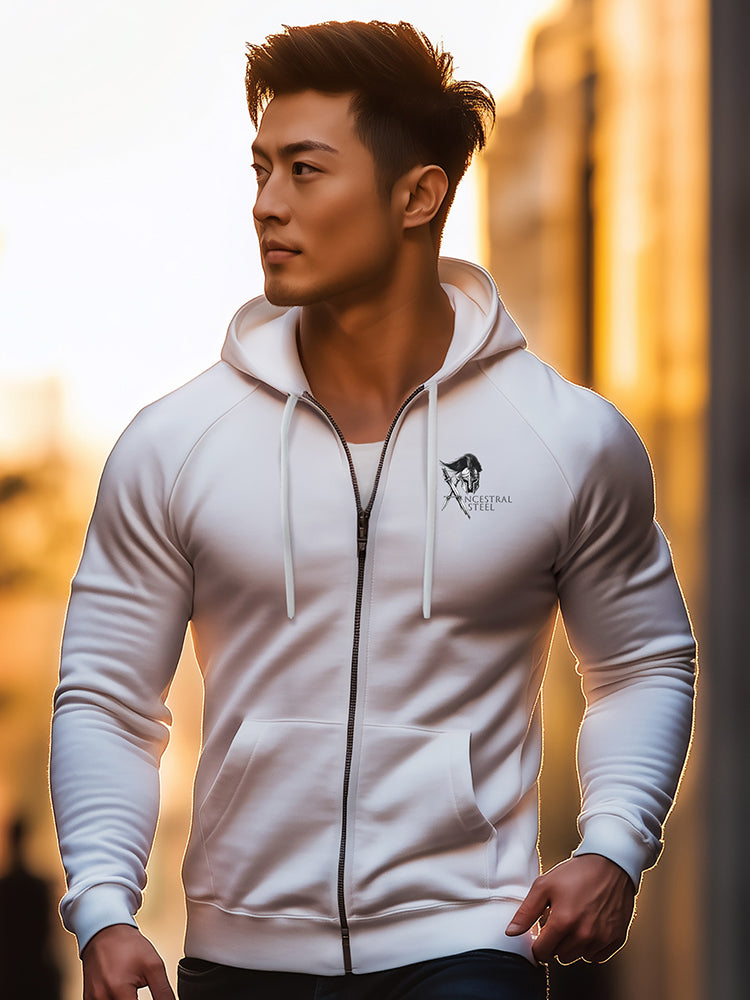 Warrior graphic zip hoodie for men, urban streetwear hoodie with warrior artwork on back, samurai gladiator spartan knight design hoodie, modern athletic fit hoodie, masculine fitness apparel, premium cotton blend zip hoodie, strength honor legacy clothing brand Ancestral Steel, stylish gym hoodie, motivational warrior fashion, casual street style hoodie for men.