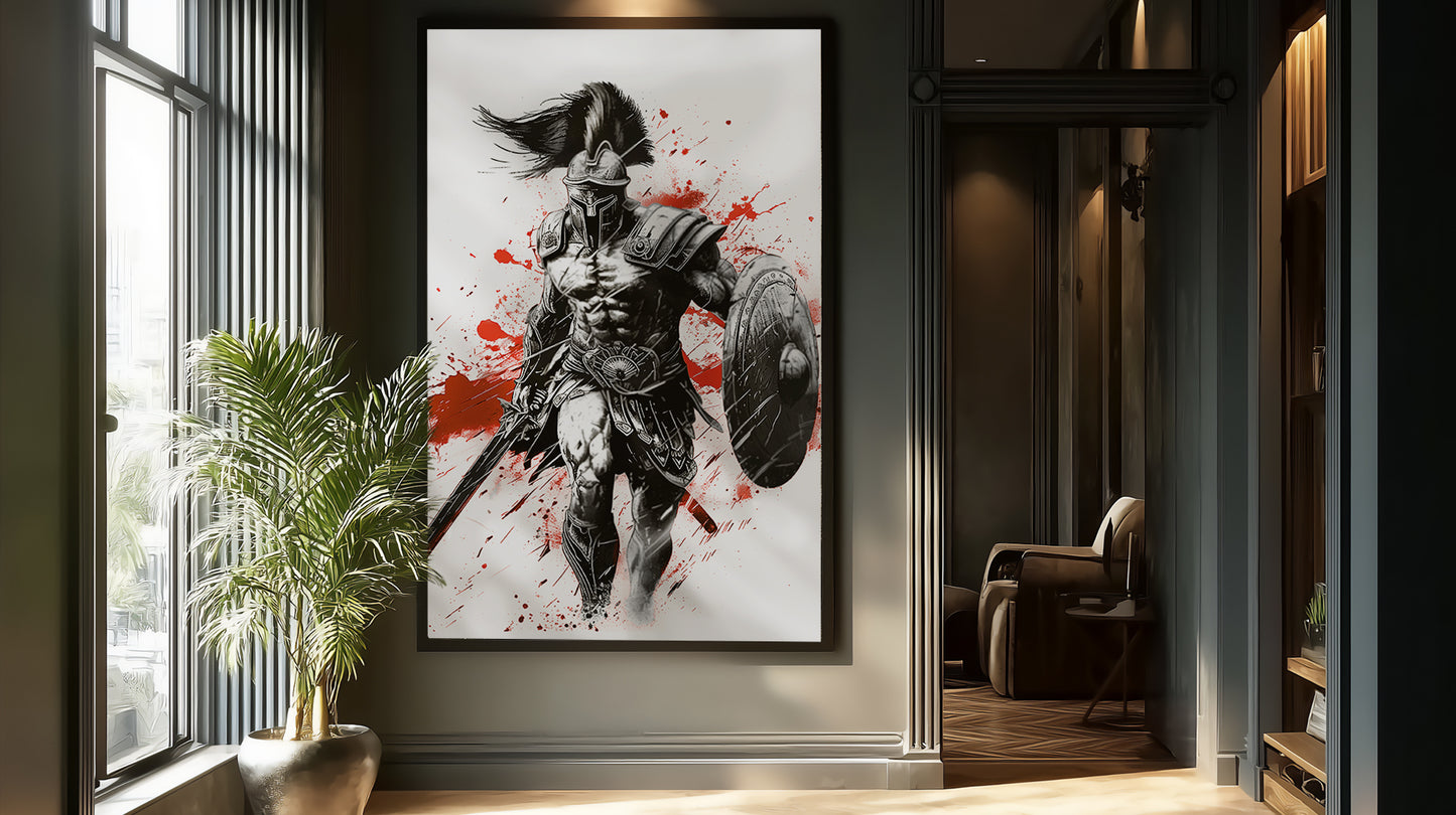 Warrior canvas wall art featuring samurai gladiator spartan knight inspired artwork, framed warrior canvas print for modern masculine decor, strength honor legacy warrior design, premium gallery wrapped canvas artwork, executive office wall decor, gym and studio wall art, bold black red warrior aesthetic, motivational warrior art by Ancestral Steel, luxury statement canvas for modern interiors.